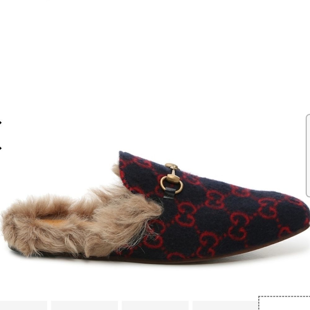 Gucci Women Blue Red & Wool GG Monogram Fur Princetown Mule Slippers 35 - Picture 13 of 16